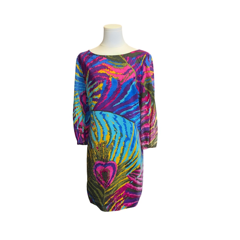 Trina Turk Silk Sheath Dress Womens 8 Multi Peacock Print Excellent 2106101